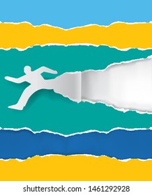 Running man ripping paper background.
Illustration of male silhouette ripping colorful paper background. Place for your text or image. Vector available.