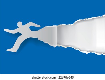 Running man ripping paper. Paper silhouette of  running man ripping blue paper background with place for your text or image. Vector illustration.