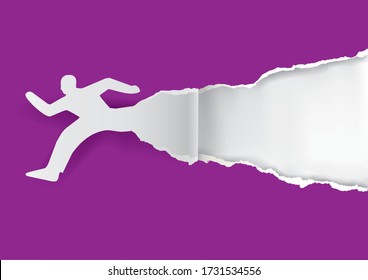 
Running man ripping violet paper background.
Illustration of running  male silhouette. Place for your image or text. Vector available.