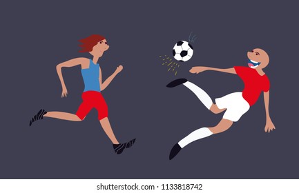 running man and runner and a Soccer player kicking against the background of the stadium. Football player in flat doodle color vector illustration. 