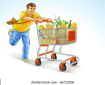 running man with shopping cart full of products - vector illustration, isolated on white background