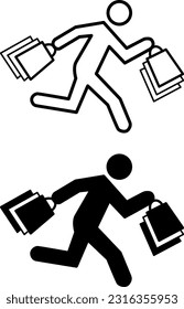 El hombre que compra Iconos. Ilustración vectorial de figuras con bolsas de compras. Icono ocupado