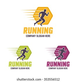 Running man silhouette, abstract vector colourful logo template, running club logo, sports club logo isolated on white background