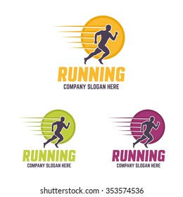 Running man silhouette in a circle vector colourful logo templates with sample text, isolated on white background