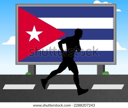 Running man silhouette with Cuba flag on billboard, olympic games or marathon competition concept, male racing idea, running race in Cuba hoarding or banner for news, jogger athlete