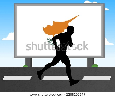 Running man silhouette with Cyprus flag on billboard, olympic games or marathon competition concept, male racing idea, running race in Cyprus hoarding or banner for news, jogger athlete