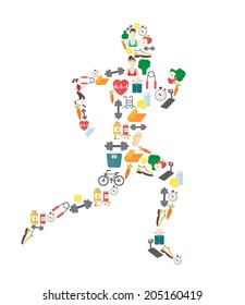 Running man silhouette filled with sport icons. Vector illustration on white background.