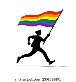 Running Man silhouette holds a pride flag isolated on white background. Vector illustration