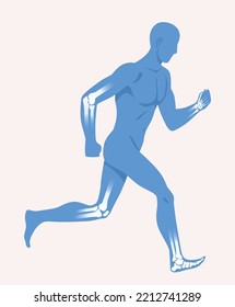 La silueta del hombre que corre. Cuerpo humano con articulaciones en movimiento. Nuevas tecnologías médicas. Rayos y diagnósticos. Elemento de diseño para redes sociales. Dibujo vectorial plano de dibujos animados aislado en fondo blanco