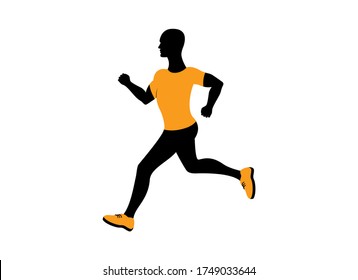 Running man silhouette icon vector. Running man in orange clothes icon. Attractive fitness boy silhouette. Man in orange running shoes vector. Jogging man icon isolated on a white background