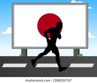 Silueta de hombre con bandera japonesa en cartelera, juegos olímpicos o concepto de maratón, idea de carrera masculina, carrera en Japón atesorando o afiche para noticias, atleta deportiva