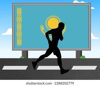 Running man silhouette with Kazakhstan flag on billboard, olympic games or marathon competition concept, male racing idea, running race in Kazakhstan hoarding or banner for news, jogger athlete