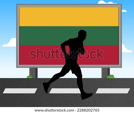 Running man silhouette with Lithuania flag on billboard, olympic games or marathon competition concept, male racing idea, running race in Lithuania hoarding or banner for news, jogger athlete