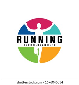 Running Man silhouette Logo with Finish ribbon, Marathon logo template, running club or sports club, Running Idea logo design inspiration