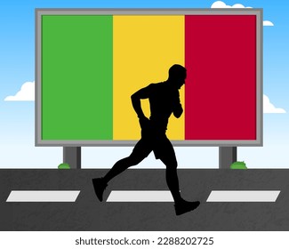 Running man silhouette with Mali flag on billboard, olympic games or marathon competition concept, male racing idea, running race in Mali hoarding or banner for news, jogger athlete