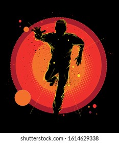 Running man silhouette on  red, yellow, fiery background.