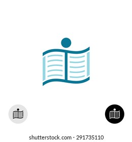 Running man silhouette with open book pages logo