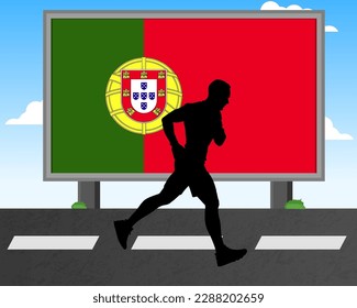 Running man silhouette with Portugal flag on billboard, olympic games or marathon competition concept, male racing idea, running race in Portugal hoarding or banner for news, jogger athlete