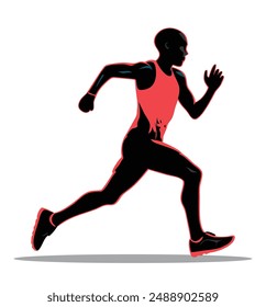 Running man silhouette, red jersey and black short, red and black shoes