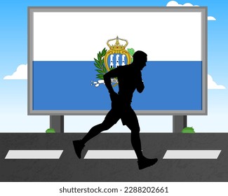 Running man silhouette with San Marino flag on billboard, olympic games or marathon competition concept, male racing idea, running race in San Marino hoarding or banner for news, jogger athlete