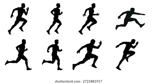 Running man silhouette set displaying dynamic sprinting and motion poses.Suitable for fitness branding, sports graphics, training apps, posters, and active lifestyle design.
