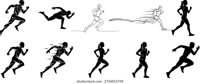Running Man Silhouette Set, Sprint and Jogging Human Poses, Sport Motion Vector Illustration