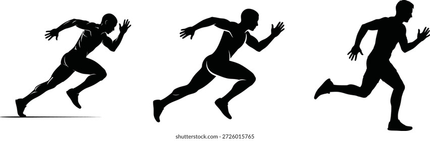 Running Man Silhouette Set, Sprint and Jogging Human Poses, Sport Motion Vector Illustration