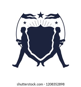 Running man silhouette with shield for text. Sport or fitness club emblem