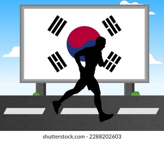 Running man silhouette with South Korea flag on billboard, olympic games or marathon competition concept, male racing idea, running race in South Korea hoarding or banner for news, jogger athlete