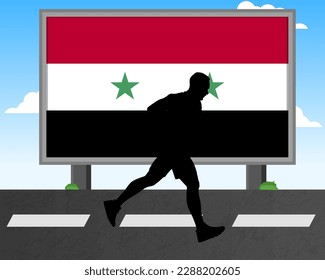 Running man silhouette with Syria flag on billboard, olympic games or marathon competition concept, male racing idea, running race in Syria hoarding or banner for news, jogger athlete