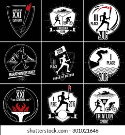 Running man silhouette. Triathlon, active fitness logo, icons. Exercise and athlete logo. Athletics logo sign. Athlete with the torch silhouette. Athlete running with the flag sign.