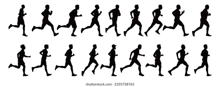 Running man silhouettes isolated on white background . Big set of male sprinter vector illustration