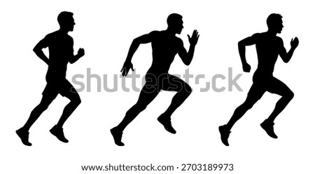 Running man silhouettes. Vector set. Male runners figure shapes. Bare and naked slim healthy people work out