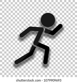 running man. simple icon. Black glass icon with soft shadow on transparent background