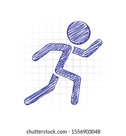 running man. simple icon. Hand drawn sketched picture with scribble fill. Blue ink. Doodle on white background