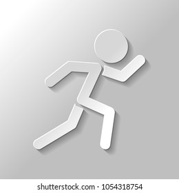 running man. simple icon. Paper style with shadow on gray background