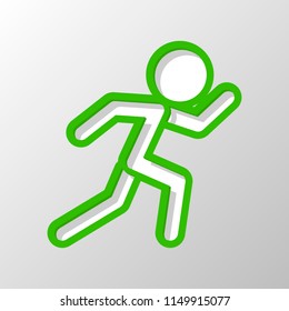 running man. simple icon. Paper style. Cut symbol with green bold contour on shape and simple shadow