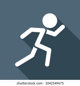 running man. simple icon. White flat icon with long shadow on background