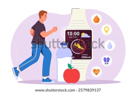 Running man with smartwatch. Young guy near smart watches. Active lifestyle and sports. Step, distance and heart rate counter. Modern gadget and device. Flat vector illustration