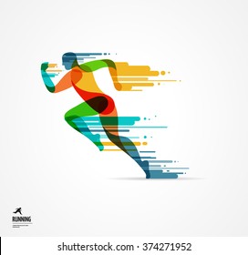 Running man, sport colorful poster, icon with splashes, shapes