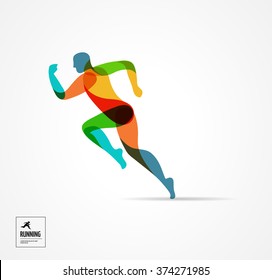 Running man, sport colorful poster, icon with splashes, shapes