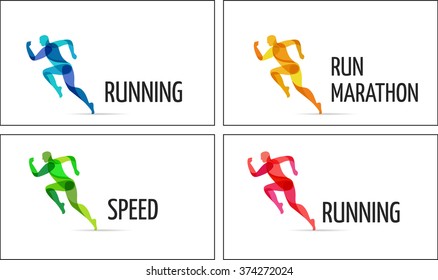 Running man, sport colorful poster, icon with splashes, shapes