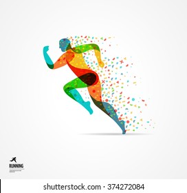 Running man, sport colorful poster, icon with splashes, shapes