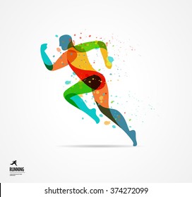 Running man, sport colorful poster, icon with splashes, shapes