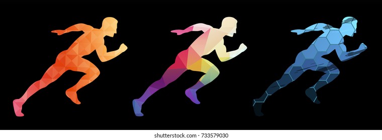 Running man, sport colorful poster, icon with splashes, shapes.