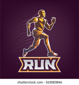 Running Man. Sport Emblem On The Black Background