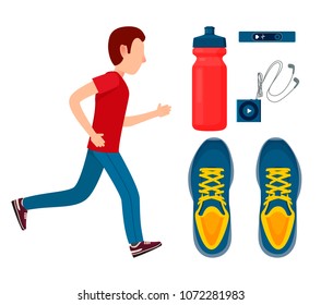 Running man and sport equipment colorful poster, vector illustration, bottle and sneakers, small music player with headphones, pulse checking device