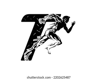 Running man. Sport and Fitness poster with Silhouette of runner, gym logo with letter T