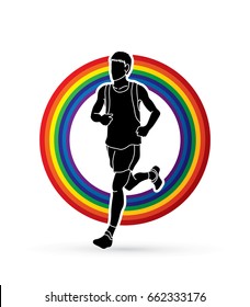 Running man, sport man sprinter, marathon runner designed on rainbows background graphic vector.