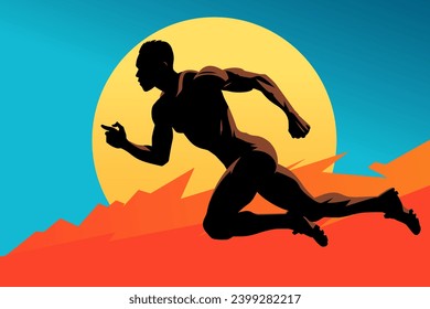 Running Man. A sprinter athlete runs against a beautiful energetic sunset background. Silhouette of a marathon runner. Vector illustration for poster.